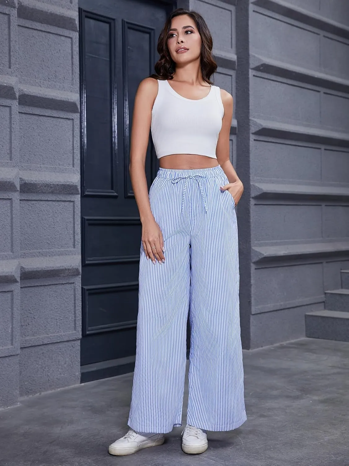 Women's Striped Wide Leg Pants with Pockets High Waist Drawstring Loose Trousers Palazzo Pants