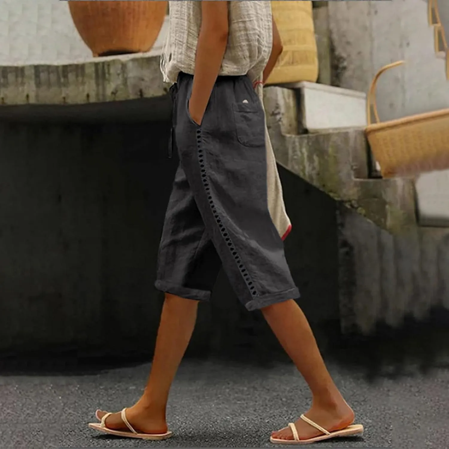 Women's Summer Casual Linen Pants Drawstring Waist Lightweight Capris Hollow Out Beach Cropped Trousers with Pockets