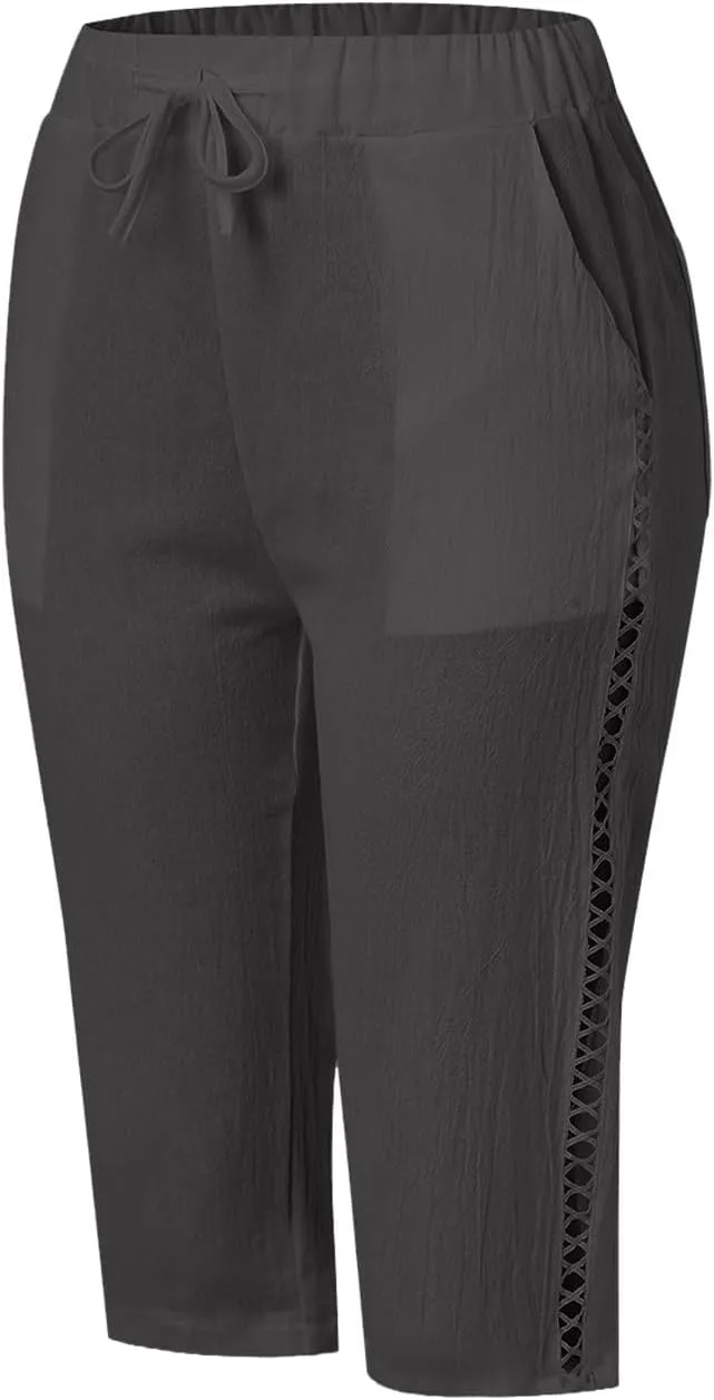 Women's Summer Casual Linen Pants Drawstring Waist Lightweight Capris Hollow Out Beach Cropped Trousers with Pockets