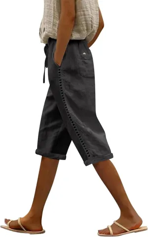 Women's Summer Casual Linen Pants Drawstring Waist Lightweight Capris Hollow Out Beach Cropped Trousers with Pockets