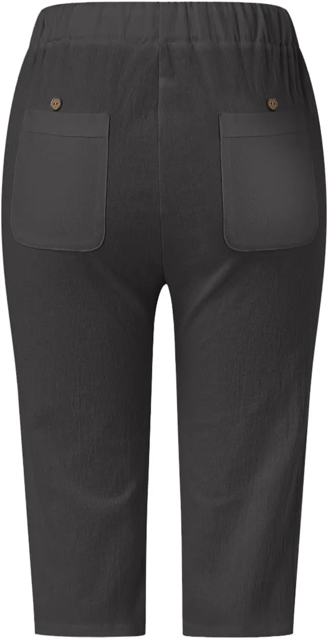 Women's Summer Casual Linen Pants Drawstring Waist Lightweight Capris Hollow Out Beach Cropped Trousers with Pockets