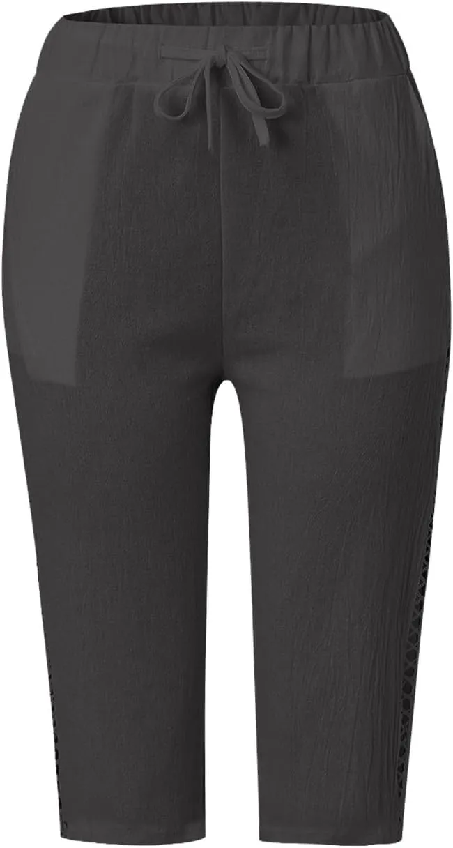 Women's Summer Casual Linen Pants Drawstring Waist Lightweight Capris Hollow Out Beach Cropped Trousers with Pockets