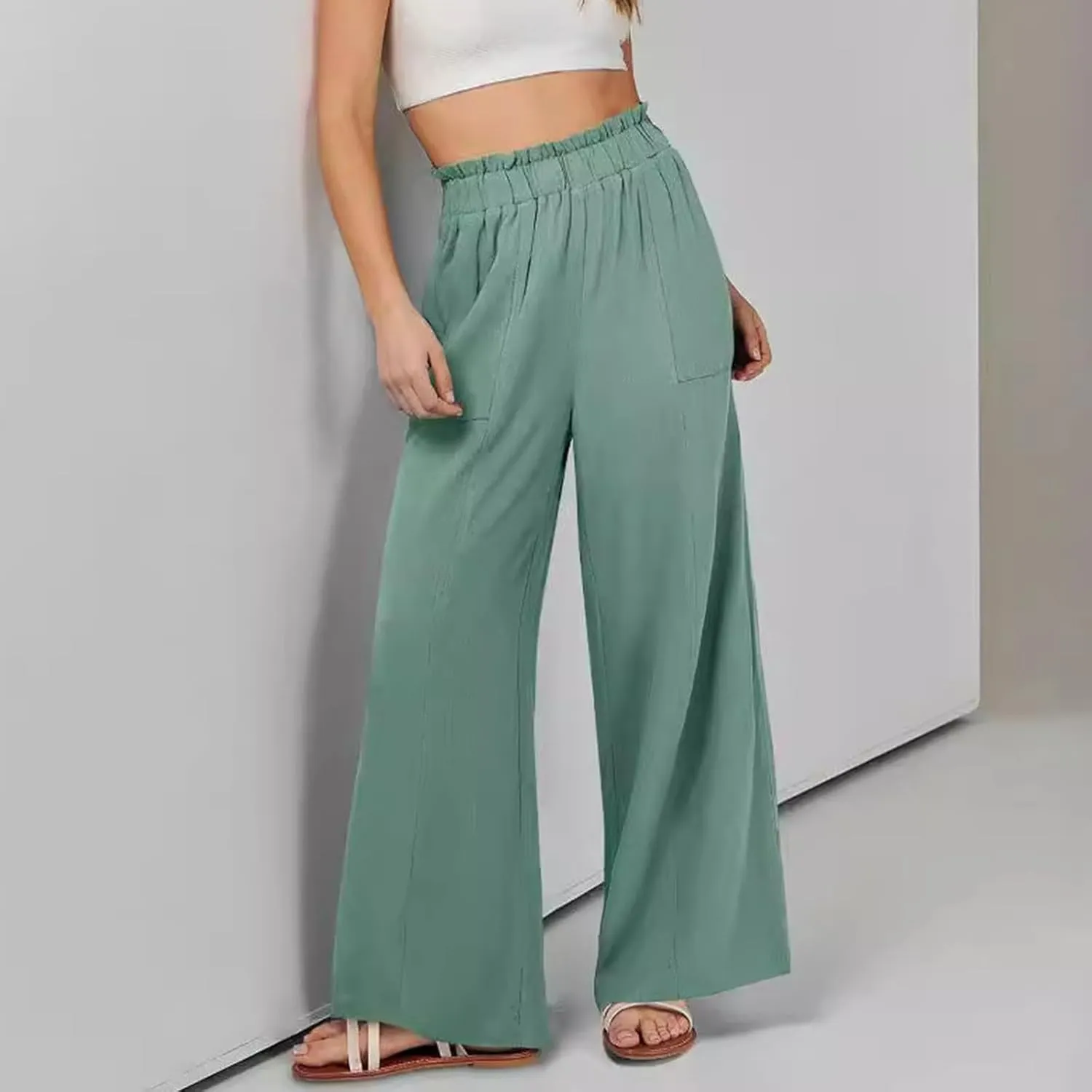 Womens Summer Cotton Linen Loose Pants Casual Straight Elastic Pant Pure Color Wide Leg High Waisted Trousers