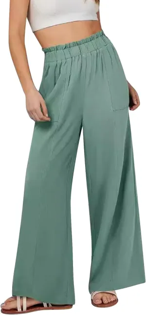 Womens Summer Cotton Linen Loose Pants Casual Straight Elastic Pant Pure Color Wide Leg High Waisted Trousers