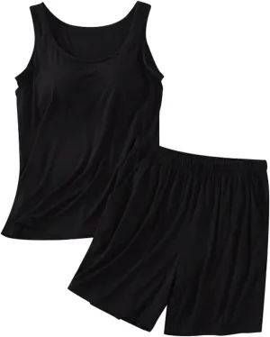 Womens Summer Pajamas 2 Piece Sets Camisole Tops Built in Bra Square Neck Shirt Pjs Shorts Sets Soft Sleep Loungewear