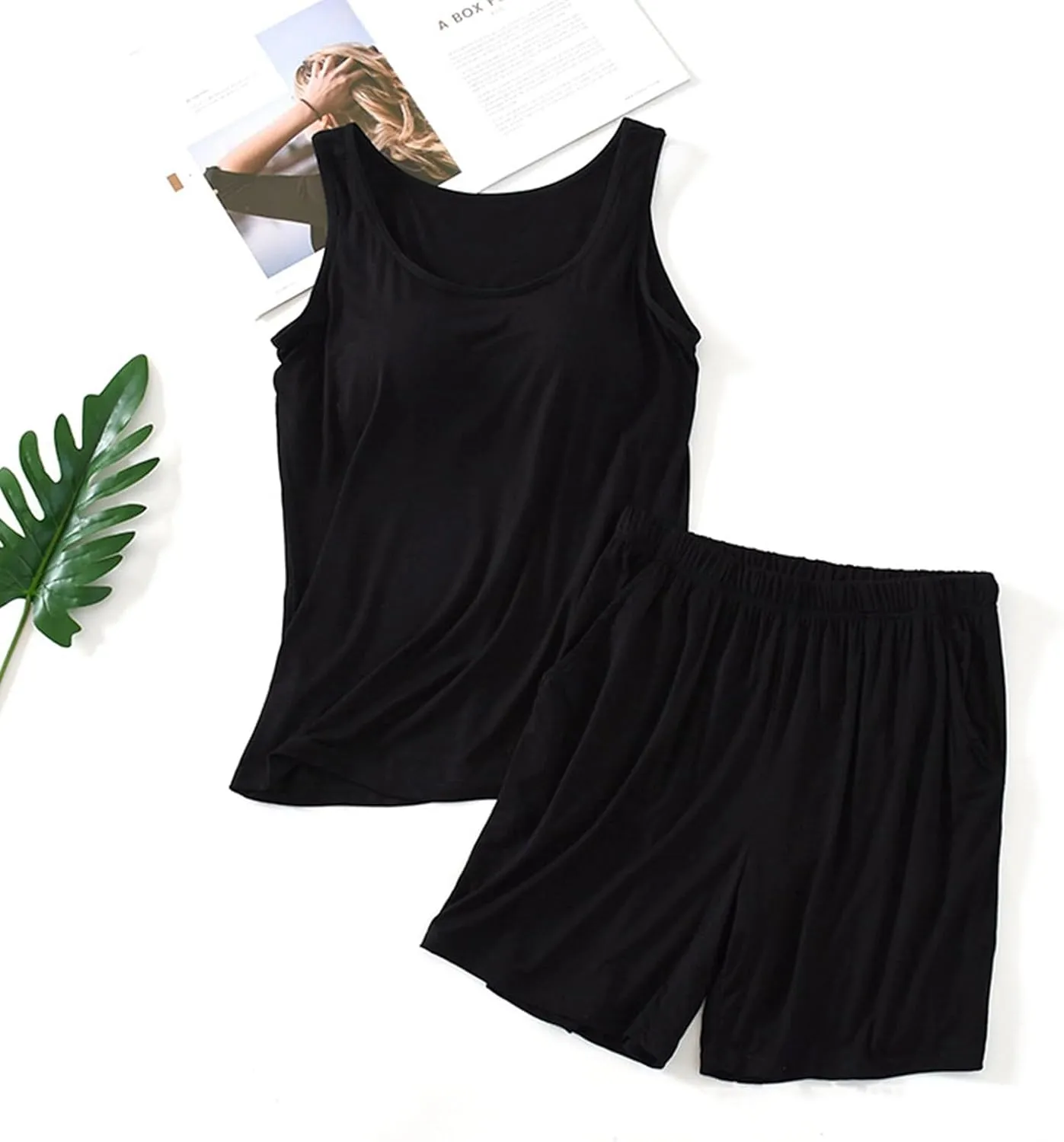 Womens Summer Pajamas 2 Piece Sets Camisole Tops Built in Bra Square Neck Shirt Pjs Shorts Sets Soft Sleep Loungewear
