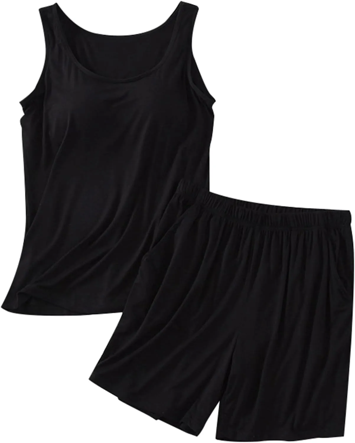 Womens Summer Pajamas 2 Piece Sets Camisole Tops Built in Bra Square Neck Shirt Pjs Shorts Sets Soft Sleep Loungewear