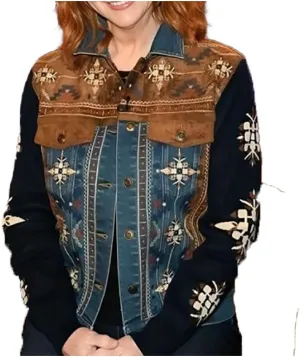 Women's Voice Reba Embroidered Suede Leather Denim Trucker Buttoned Jacket Fleece Sleeves