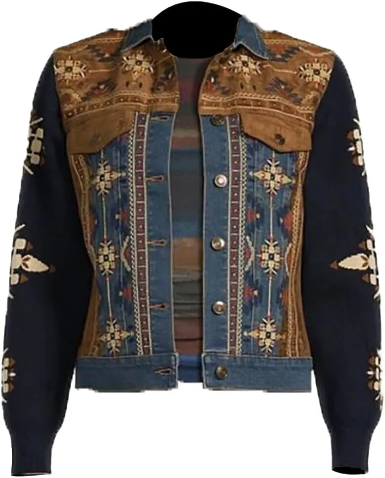 Women's Voice Reba Embroidered Suede Leather Denim Trucker Buttoned Jacket Fleece Sleeves