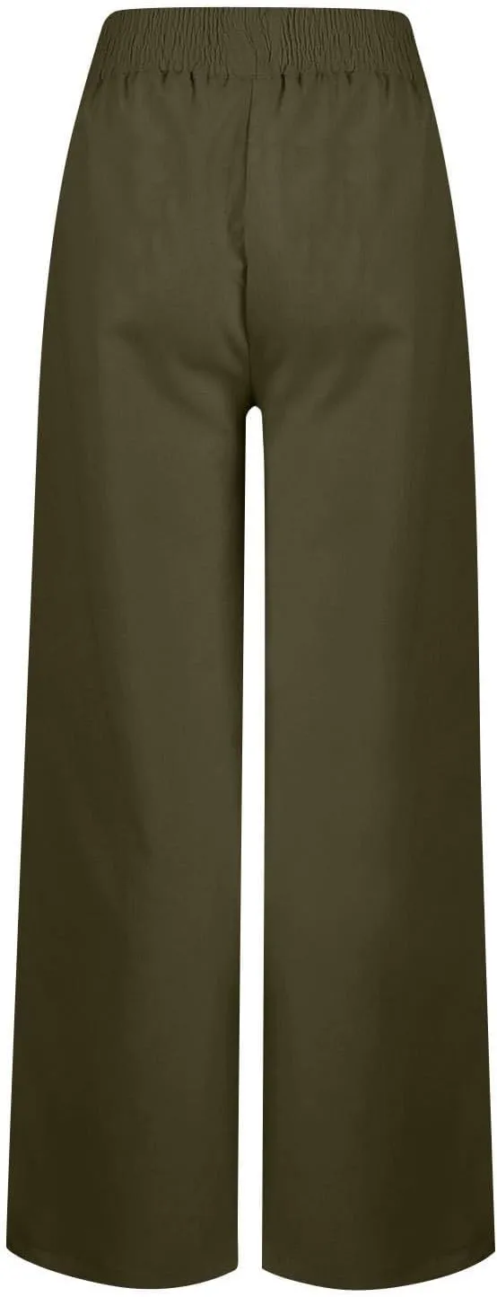 Womens Wide Leg Palazzo Pants Cotton-Linen High Waisted Button Trousers Summer Casual Long Lounge Pant