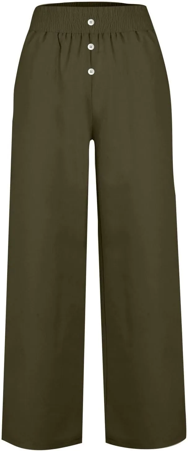 Womens Wide Leg Palazzo Pants Cotton-Linen High Waisted Button Trousers Summer Casual Long Lounge Pant