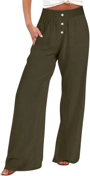 Womens Wide Leg Palazzo Pants Cotton-Linen High Waisted Button Trousers Summer Casual Long Lounge Pant
