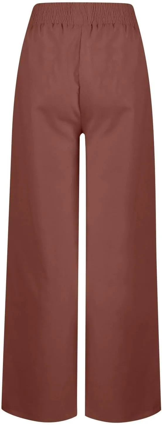 Womens Wide Leg Palazzo Pants Cotton-Linen High Waisted Button Trousers Summer Casual Long Lounge Pant