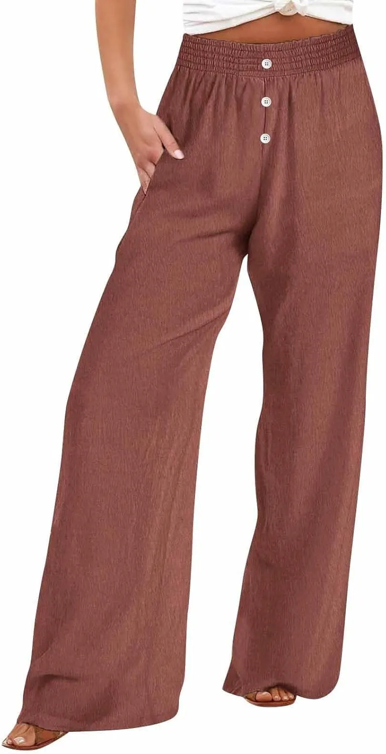 Womens Wide Leg Palazzo Pants Cotton-Linen High Waisted Button Trousers Summer Casual Long Lounge Pant