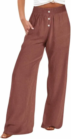 Womens Wide Leg Palazzo Pants Cotton-Linen High Waisted Button Trousers Summer Casual Long Lounge Pant