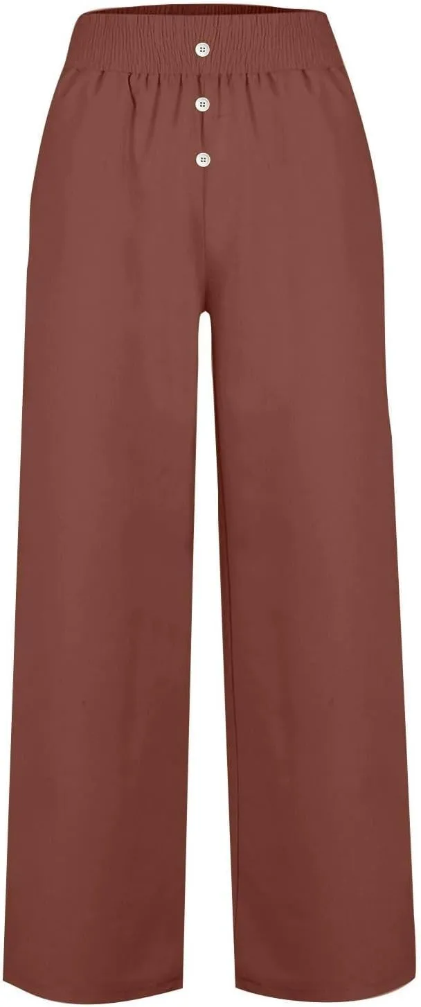 Womens Wide Leg Palazzo Pants Cotton-Linen High Waisted Button Trousers Summer Casual Long Lounge Pant