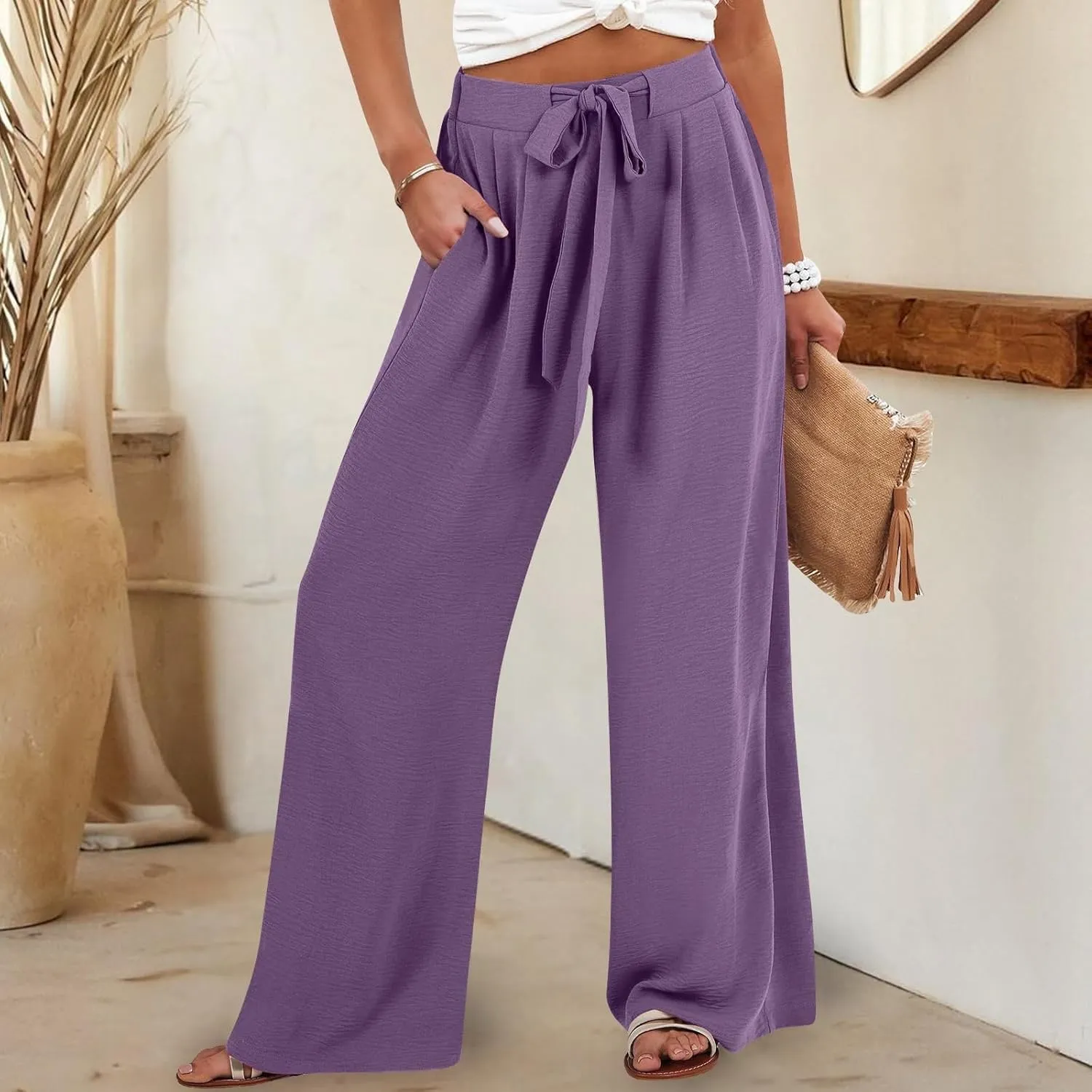 Womens Wide Leg Palazzo Pants High Waist Casual Flowy Trousers 2025 Summer Lounge Beach Travel Vacation Outfits