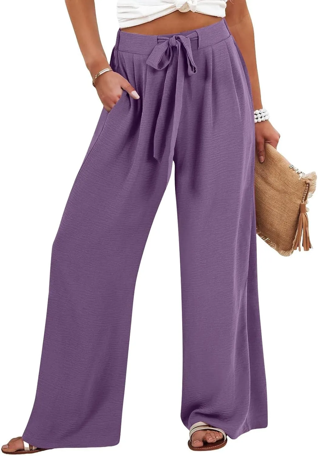 Womens Wide Leg Palazzo Pants High Waist Casual Flowy Trousers 2025 Summer Lounge Beach Travel Vacation Outfits