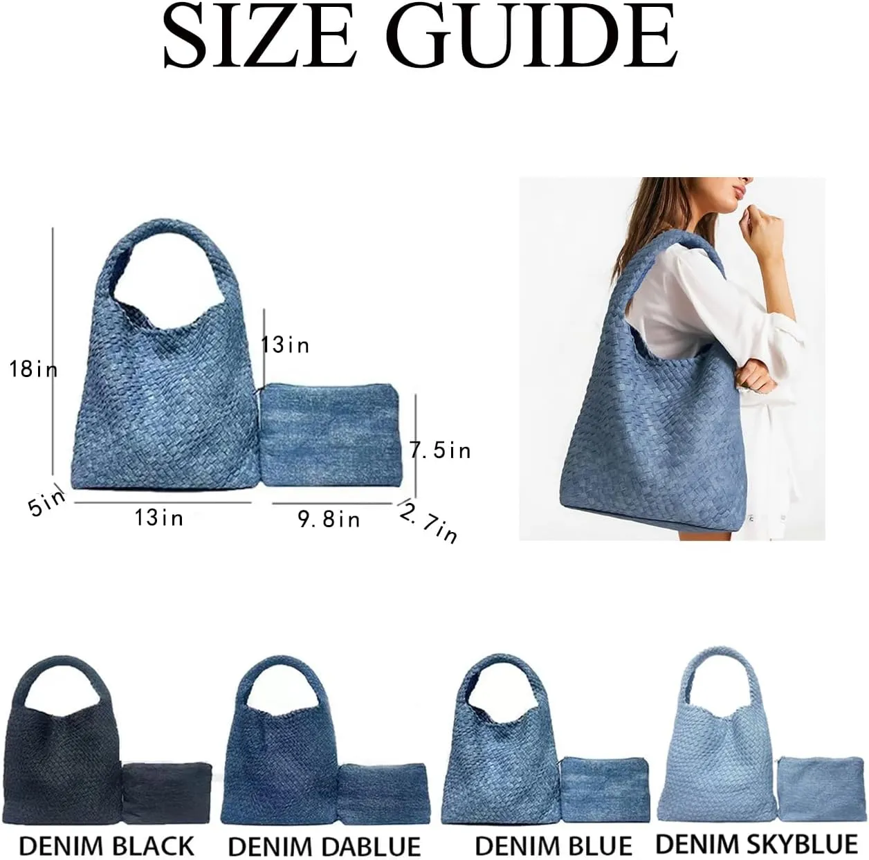 Woven Tote for Women Tie Dye Denim Fashion Shoulder Bag Handwoven Lightweight Commuter Bag armpit bag Magnetic Buckle Closure