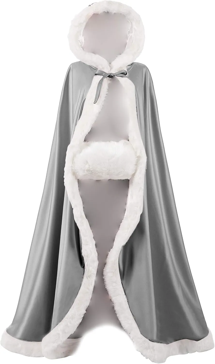 WOWBRIDAL Women's 57in Bridal Cape Wedding Cloak With Hand Muff Floor-length