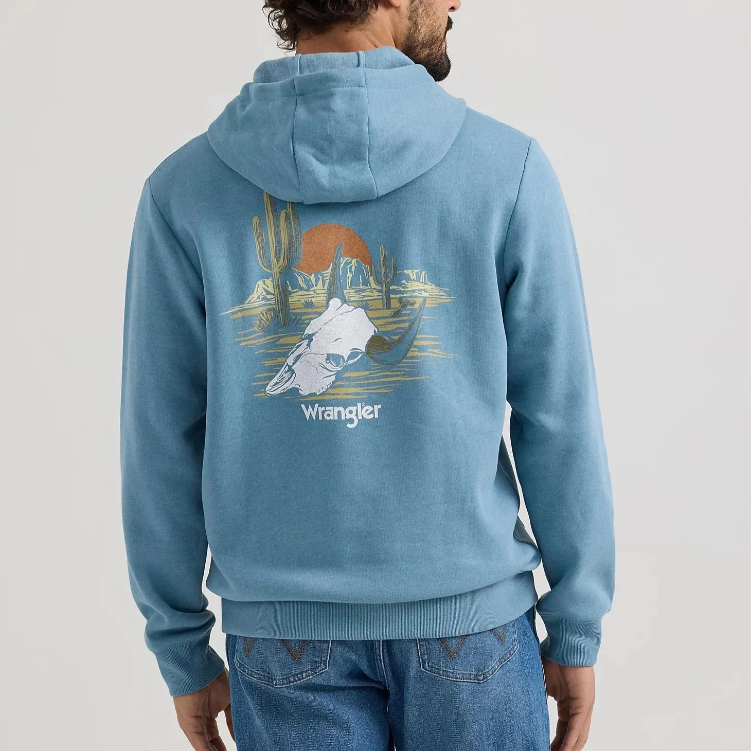 Wrangler Men's Desert Cacti Logo Pullover Hoodie in Medium Blue