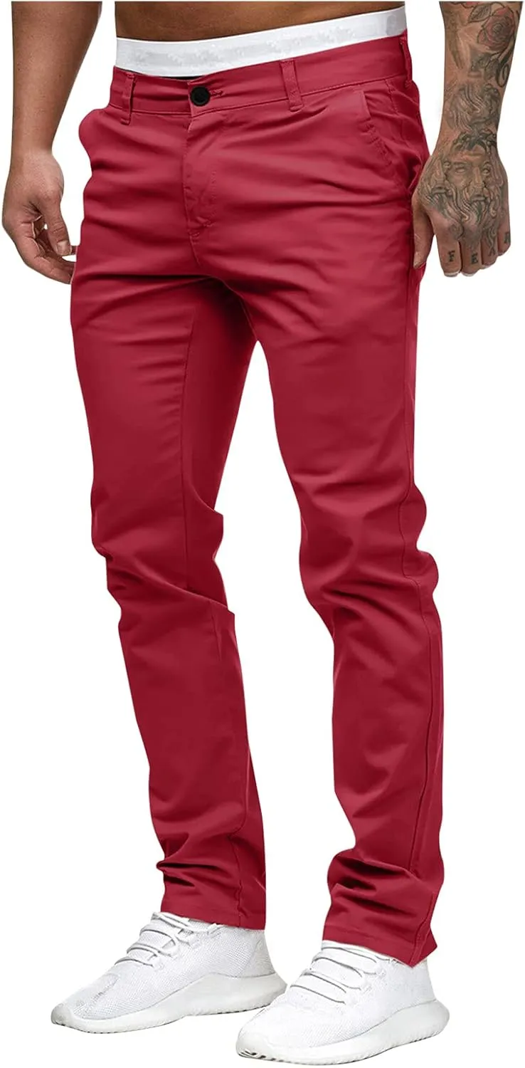 WUAI-Men Stretch Flat Front Chino Pant Slim Fit Casual Elastic Waist Workout Jogger Sweatpants Comfy Lounge Pants