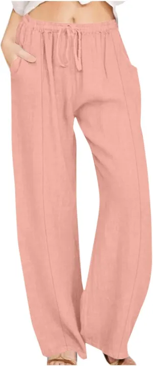 Xiaojmake Linen Pants Women Summer Boho Pants 2025 Casual Loose Drawstring Wide Leg Trousers High Waist Lounge Beach Pants