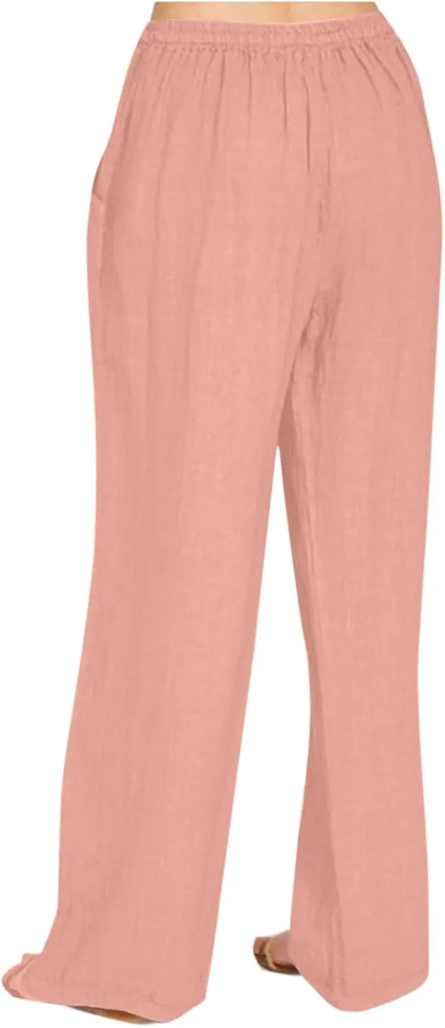Xiaojmake Linen Pants Women Summer Boho Pants 2025 Casual Loose Drawstring Wide Leg Trousers High Waist Lounge Beach Pants