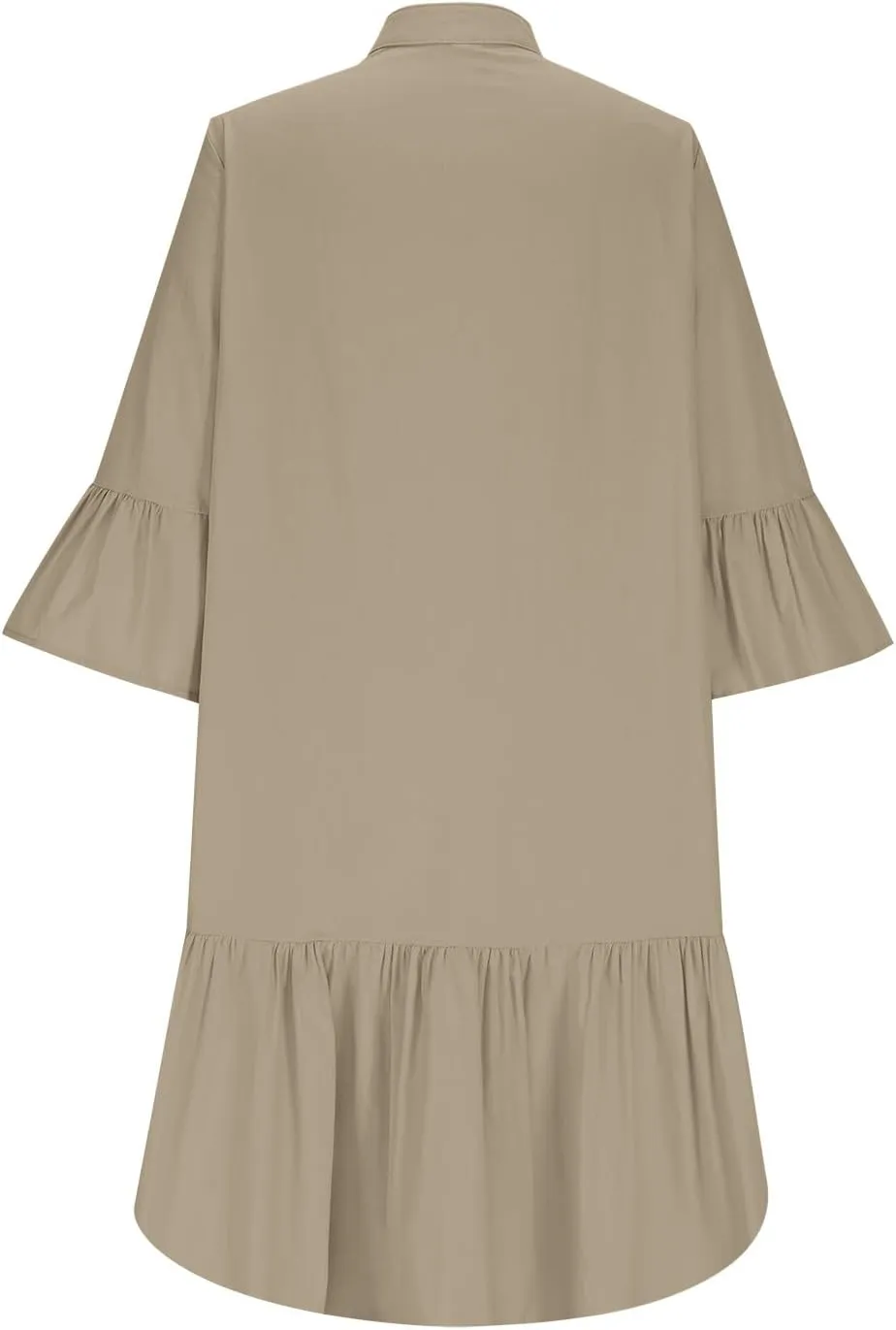 Xiaojmake Womens Tunic Shirt Mini Dress 3/4 Puff Sleeve Cotton Linen Short Dresses Button Up Flowy Ruffle Hem Shift Dress