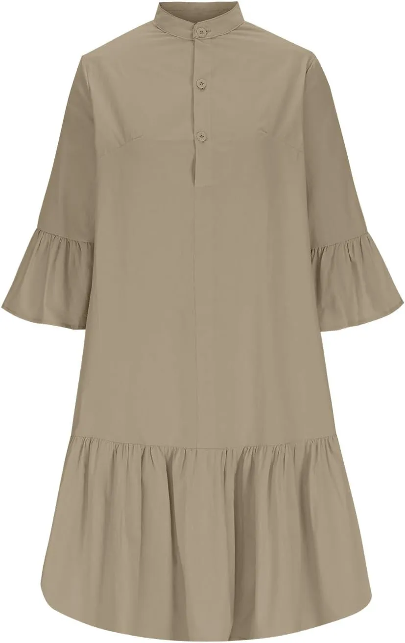 Xiaojmake Womens Tunic Shirt Mini Dress 3/4 Puff Sleeve Cotton Linen Short Dresses Button Up Flowy Ruffle Hem Shift Dress