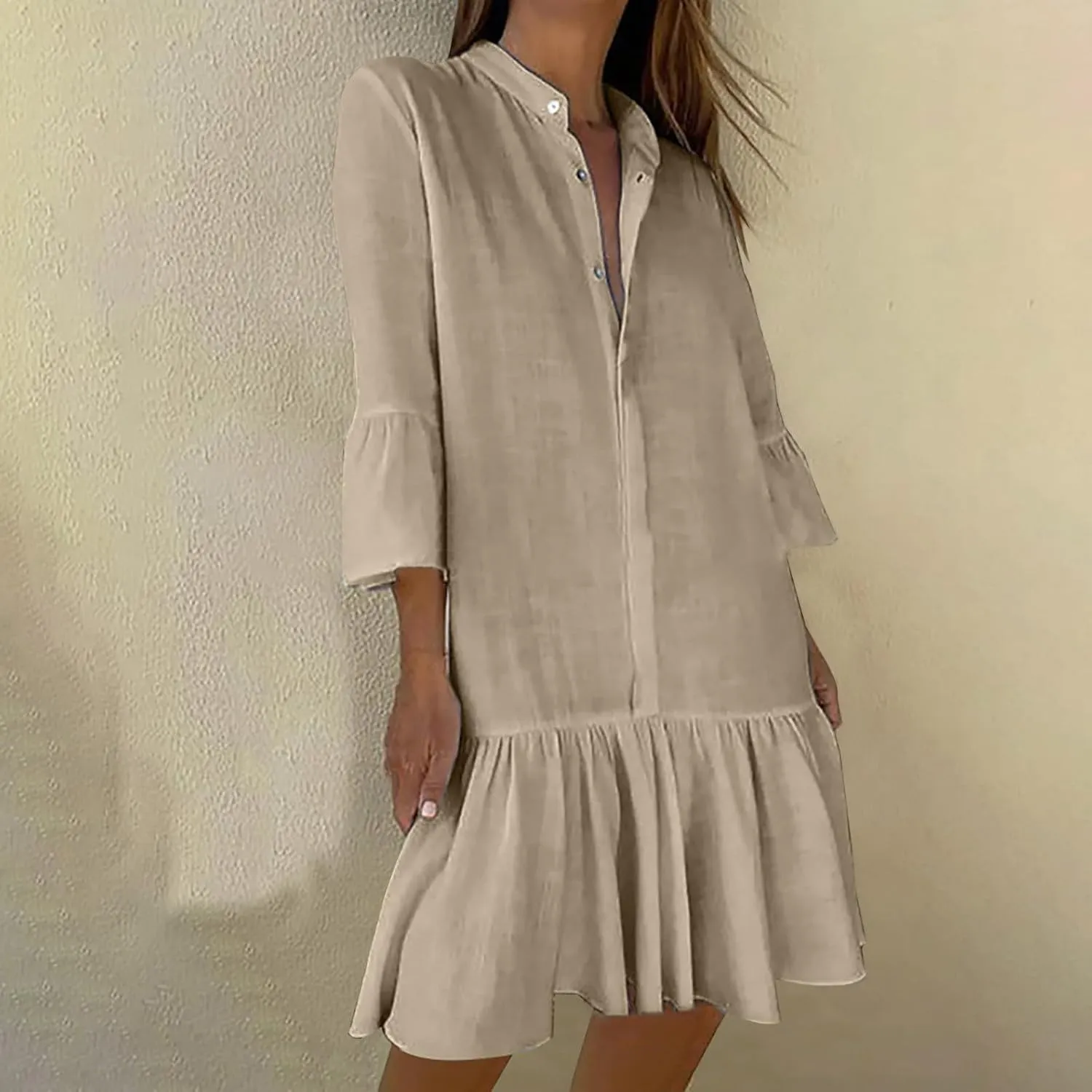 Xiaojmake Womens Tunic Shirt Mini Dress 3/4 Puff Sleeve Cotton Linen Short Dresses Button Up Flowy Ruffle Hem Shift Dress