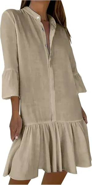 Xiaojmake Womens Tunic Shirt Mini Dress 3/4 Puff Sleeve Cotton Linen Short Dresses Button Up Flowy Ruffle Hem Shift Dress