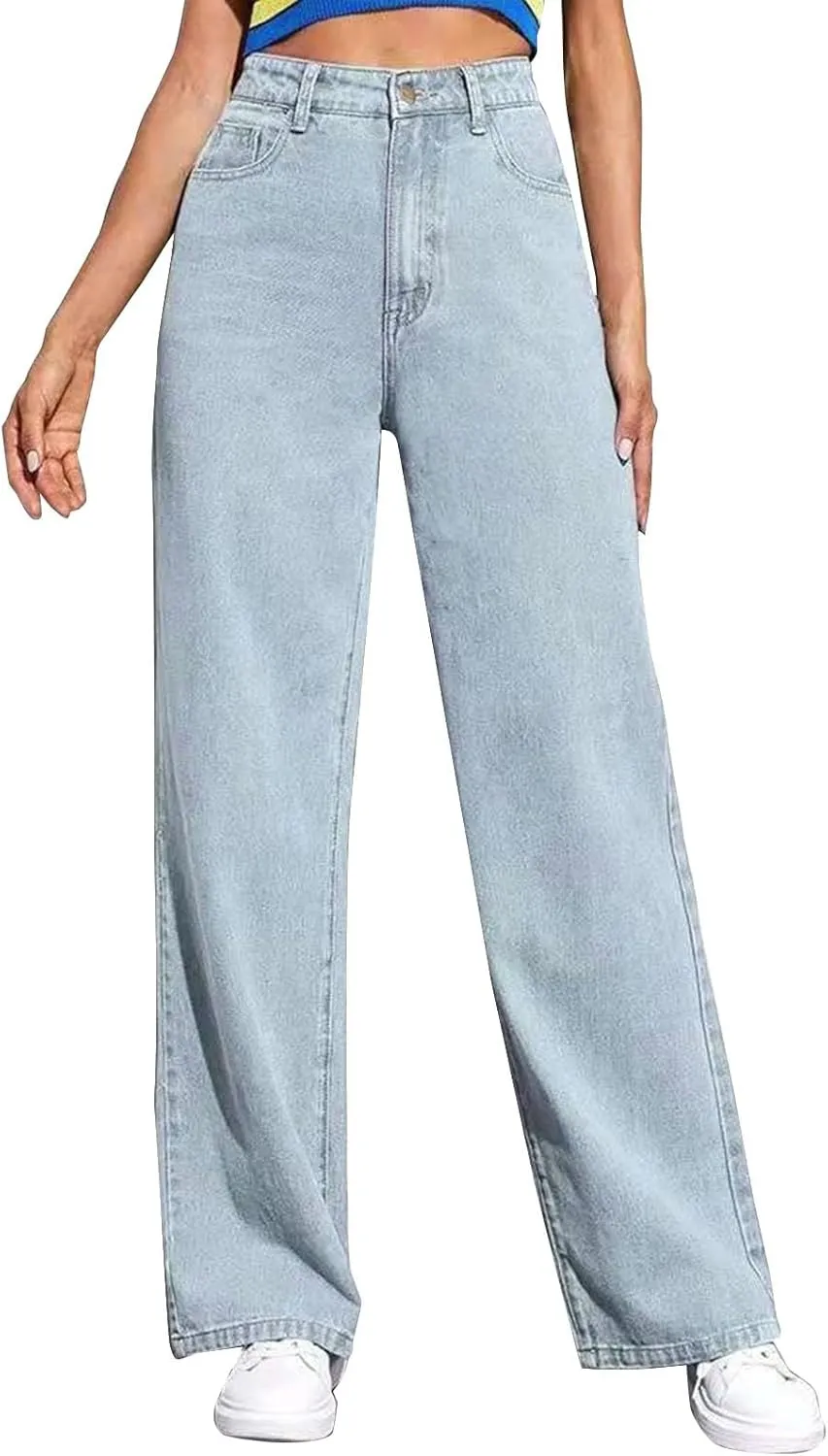 XOWRTE Women's High Waisted Wide Leg Jeans Slimming Drag Straight Leg with Vintage American Drop Pants Denim