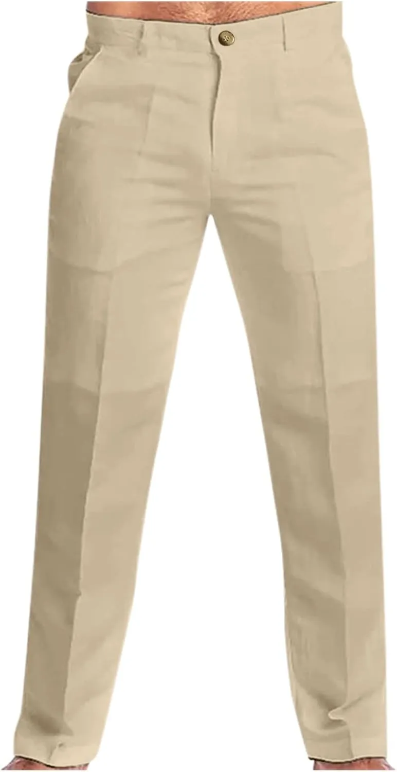 XUETON Men's Slim Fit Dress Pants Casual Office Work Pants Flat-Front Stretch Chino Golf Trousers Cotton Linen Workout Pants