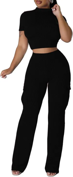 XZLUFNY Women's Summer 2 Piece Sets Short Sleeve Crop Top & Wide Leg Cargo Pants