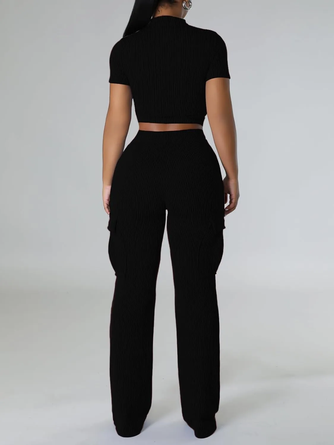 XZLUFNY Women's Summer 2 Piece Sets Short Sleeve Crop Top & Wide Leg Cargo Pants