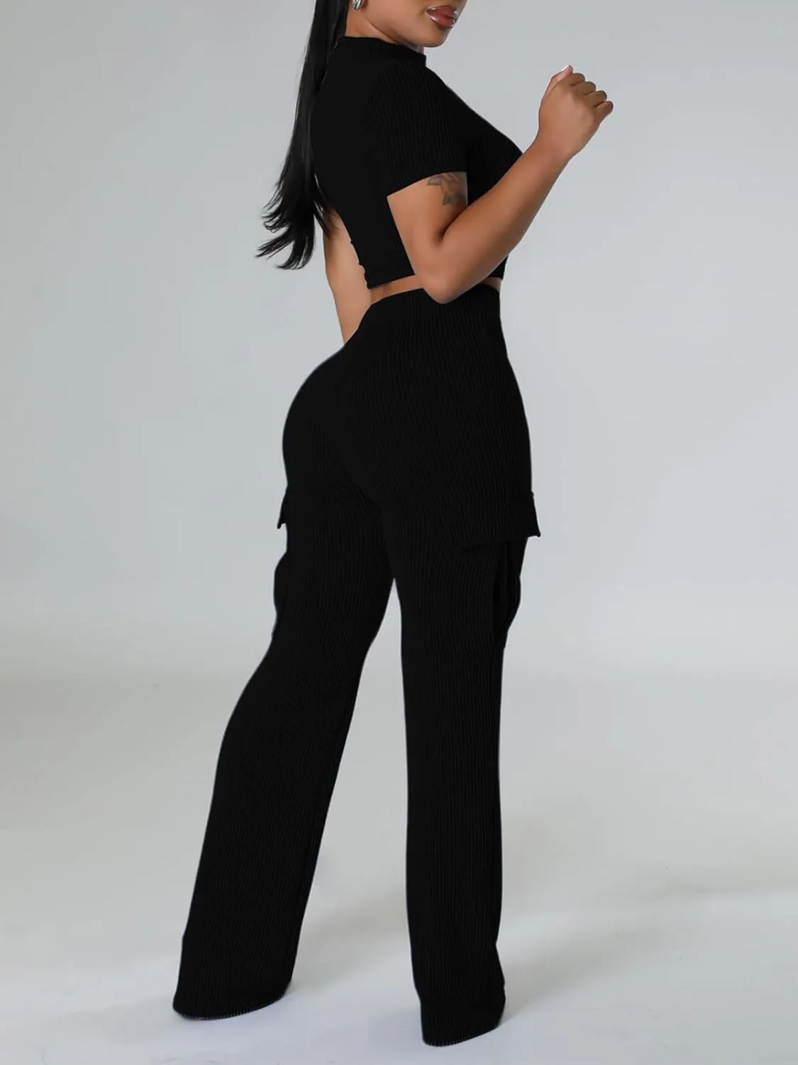 XZLUFNY Women's Summer 2 Piece Sets Short Sleeve Crop Top & Wide Leg Cargo Pants