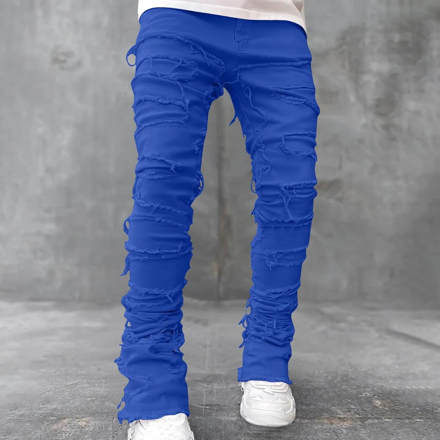 YUHGODO Men's Slim Fit Stretch Jeans Retro Distressed Patchwork Stacked Frayed Straight Leg Skinny Denim Pants Fall Outfits
