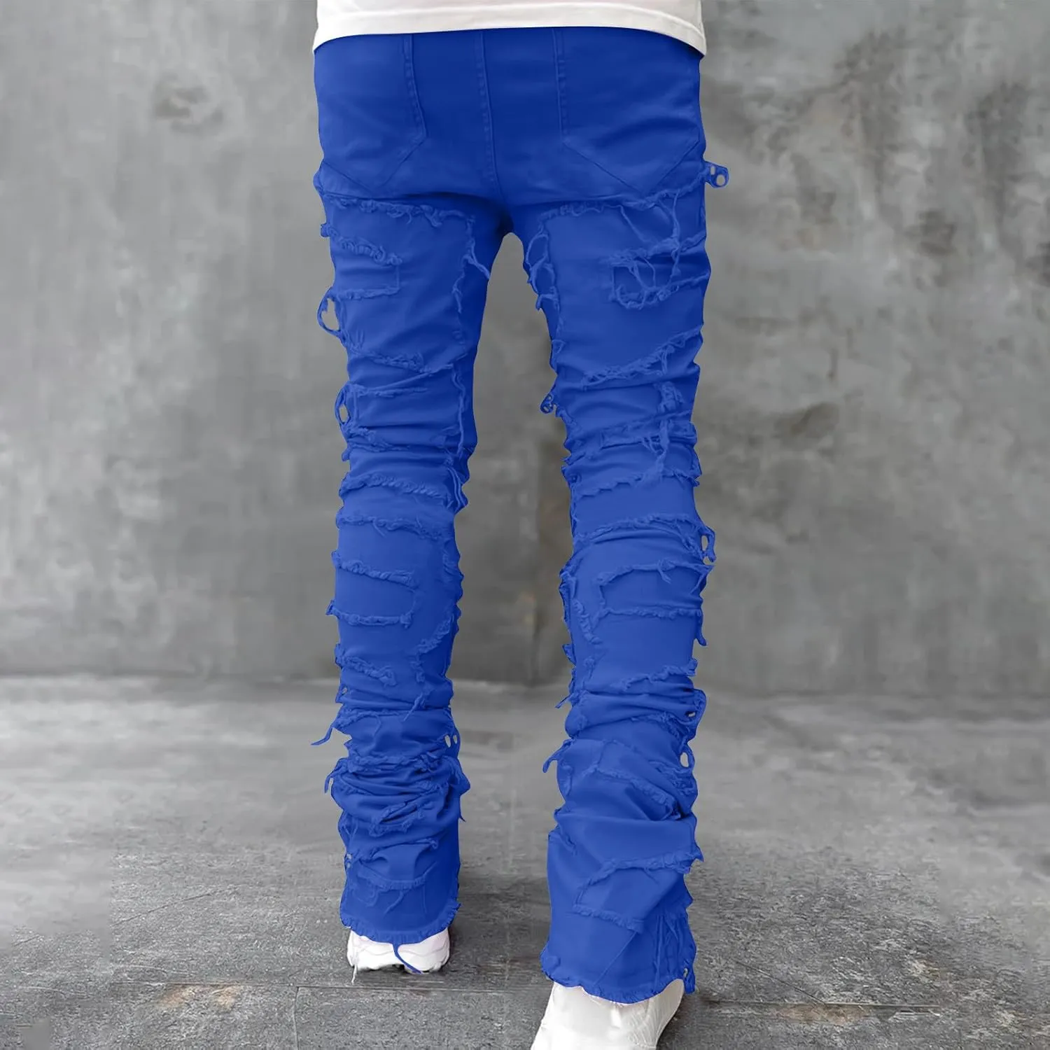 YUHGODO Men's Slim Fit Stretch Jeans Retro Distressed Patchwork Stacked Frayed Straight Leg Skinny Denim Pants Fall Outfits