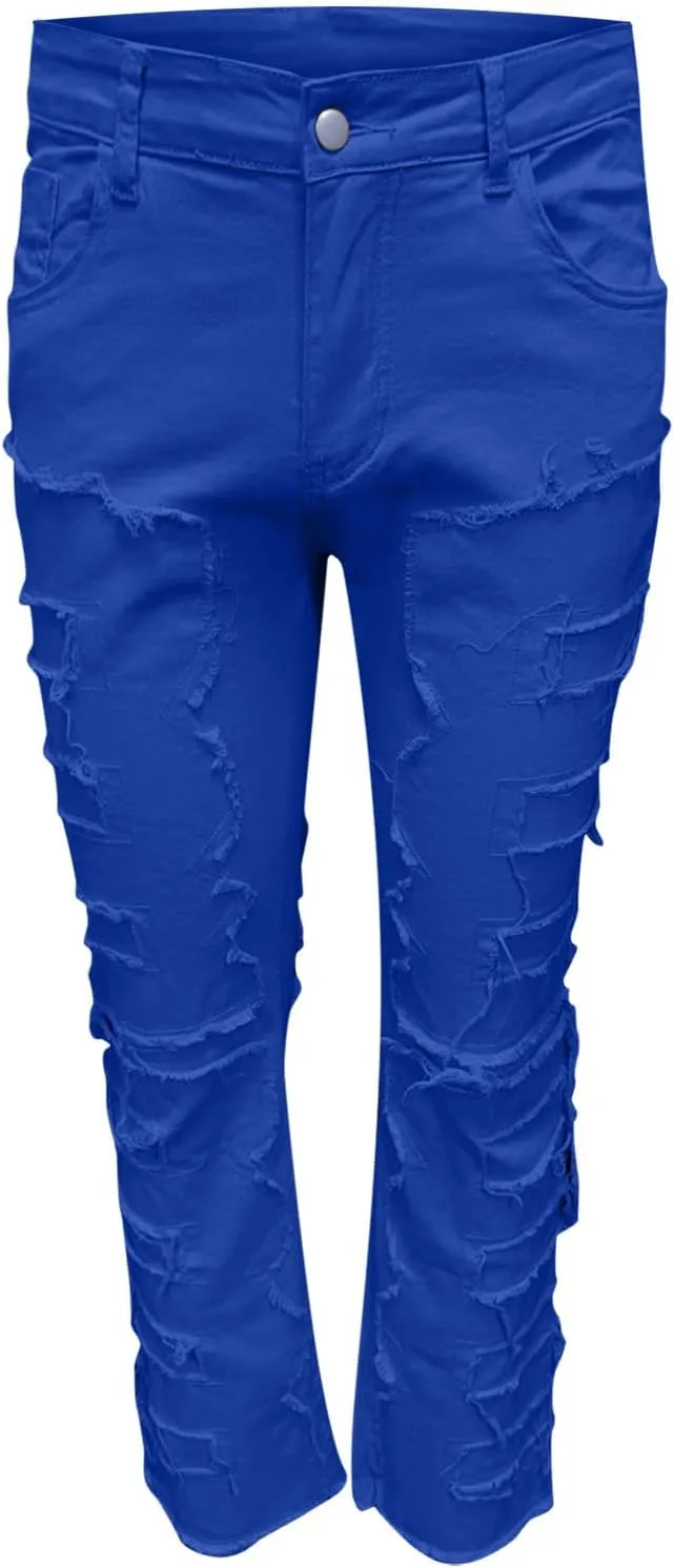 YUHGODO Men's Slim Fit Stretch Jeans Retro Distressed Patchwork Stacked Frayed Straight Leg Skinny Denim Pants Fall Outfits
