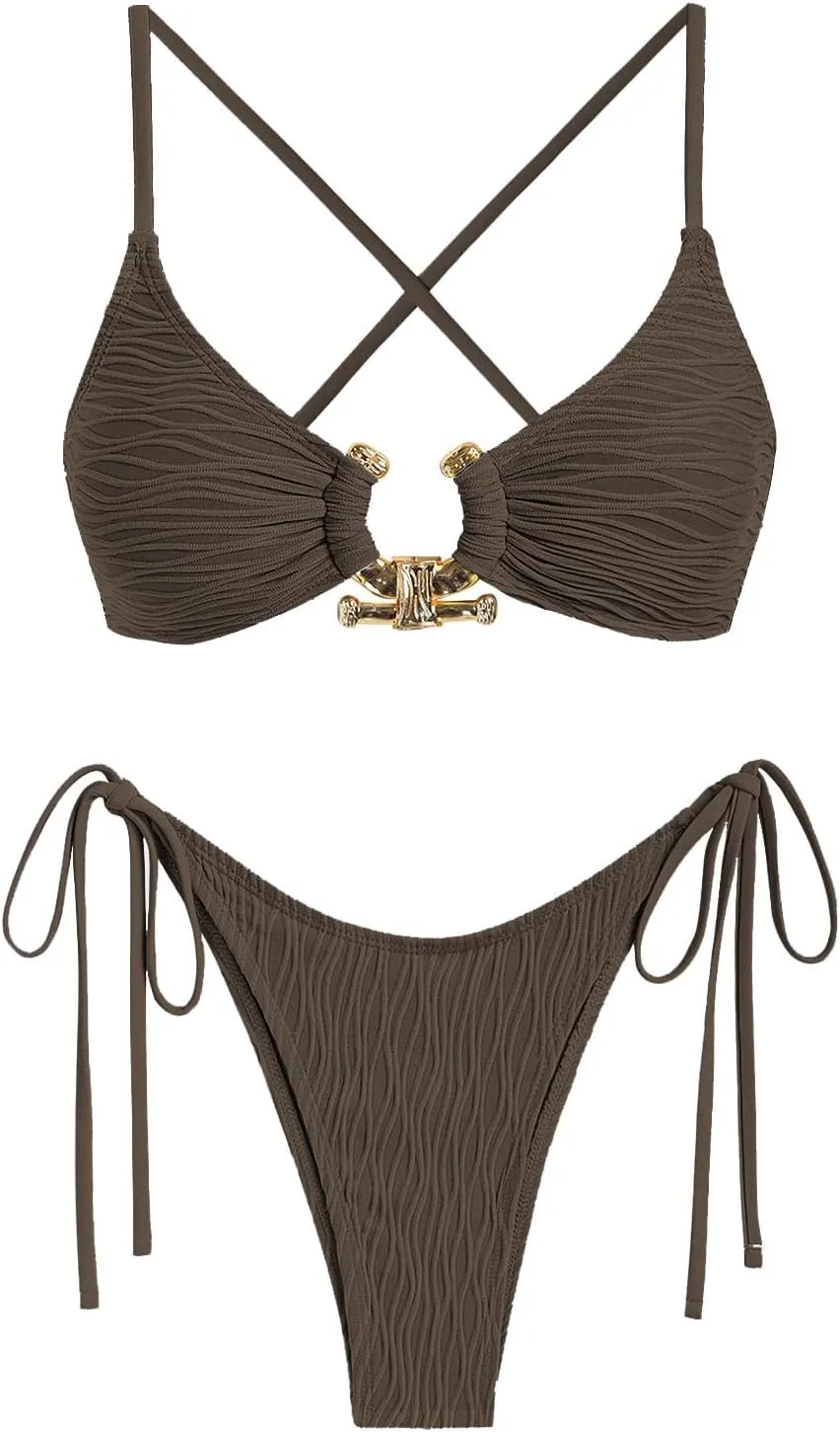 ZAFUL Women's Bikini Sets Ribbed Metal O Ring Criss Cross Two Piece Swimsuit Cheeky High Cut Side Tie Thong Bathing Suit