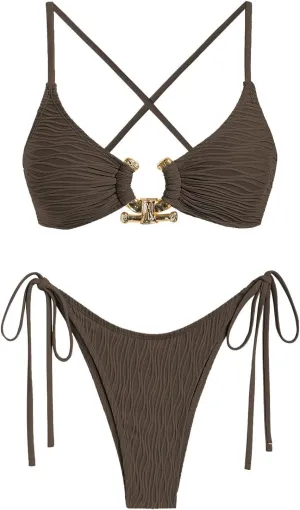 ZAFUL Women's Bikini Sets Ribbed Metal O Ring Criss Cross Two Piece Swimsuit Cheeky High Cut Side Tie Thong Bathing Suit
