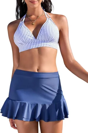ZAFUL Women's High Waisted Bikini Sets Halter Ties Swimwear Tummy Control Swim Skirt Color Contrast Two Piece Swimsuit