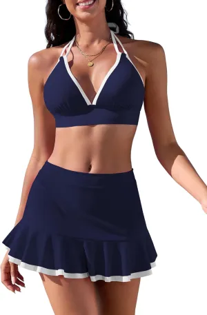ZAFUL Women's High Waisted Bikini Sets Halter Ties Swimwear Tummy Control Swim Skirt Color Contrast Two Piece Swimsuit