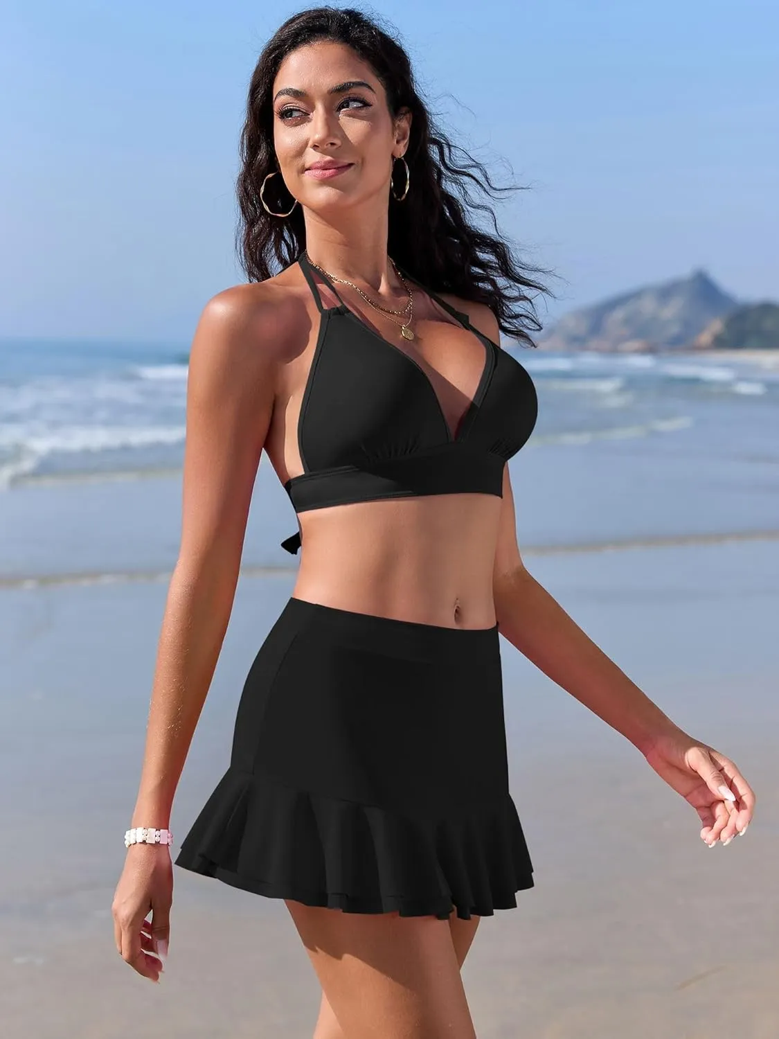 ZAFUL Women's High Waisted Bikini Sets Halter Ties Swimwear Tummy Control Swim Skirt Color Contrast Two Piece Swimsuit