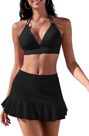 ZAFUL Women's High Waisted Bikini Sets Halter Ties Swimwear Tummy Control Swim Skirt Color Contrast Two Piece Swimsuit