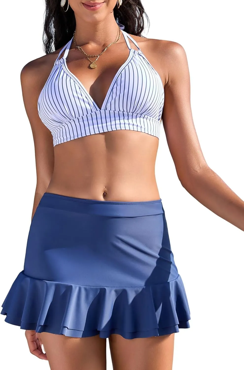 ZAFUL Women's High Waisted Bikini Sets Halter Ties Swimwear Tummy Control Swim Skirt Color Contrast Two Piece Swimsuit