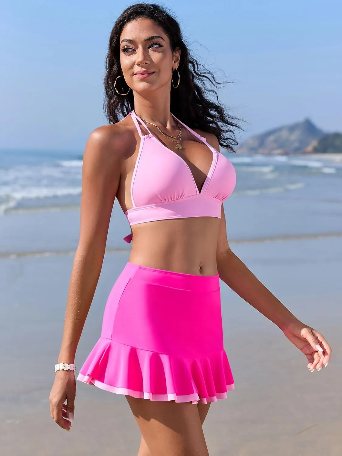 ZAFUL Women's High Waisted Bikini Sets Halter Ties Swimwear Tummy Control Swim Skirt Color Contrast Two Piece Swimsuit