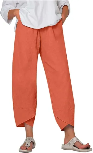 ZDRZK Capri Linen Pants Women Summer Casual High Waist Wide Leg Cropped Pant Loose Fit Beach Pant Trousers Plus Size