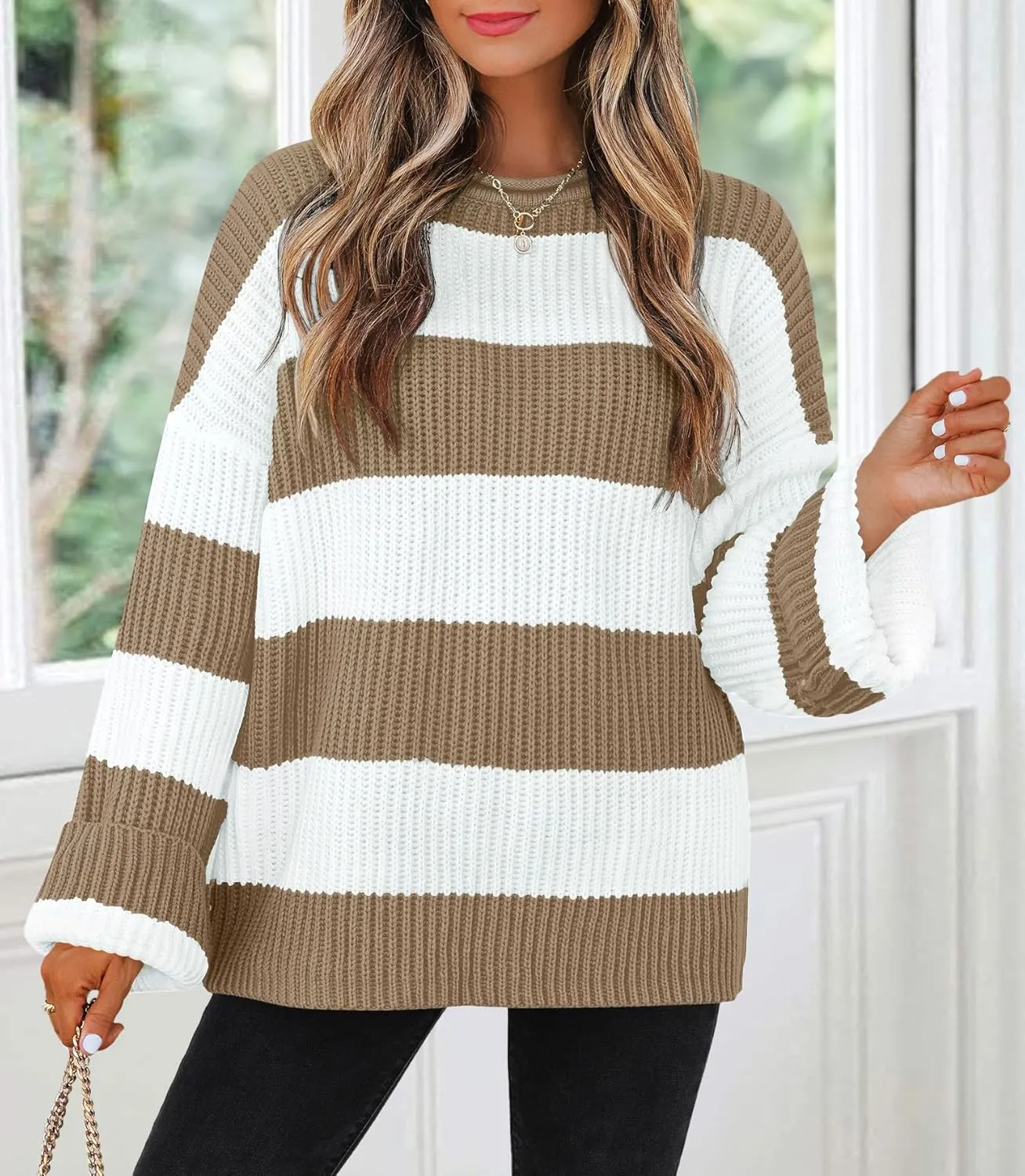 ZESICA Women's Fall Long Sleeve Crew Neck Striped Color Block Comfy Loose Oversized Knitted Pullover Sweater